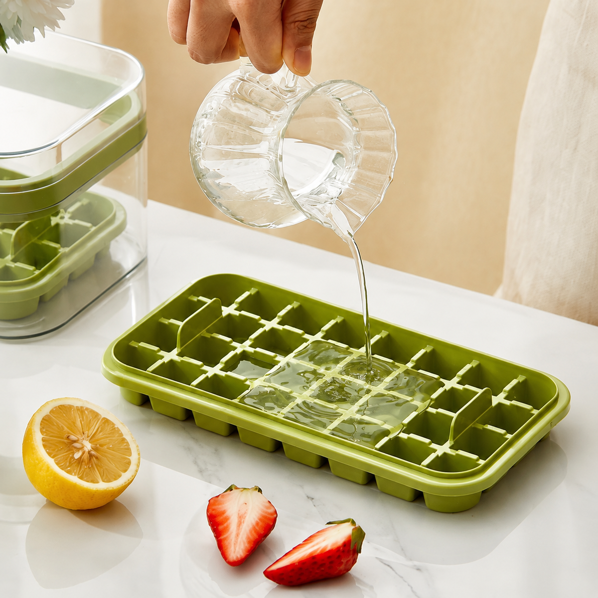 Ice Cube Storage Box with Single Ice Cube Tray & Scoop | Multipurpose Ice Maker Container with Lid