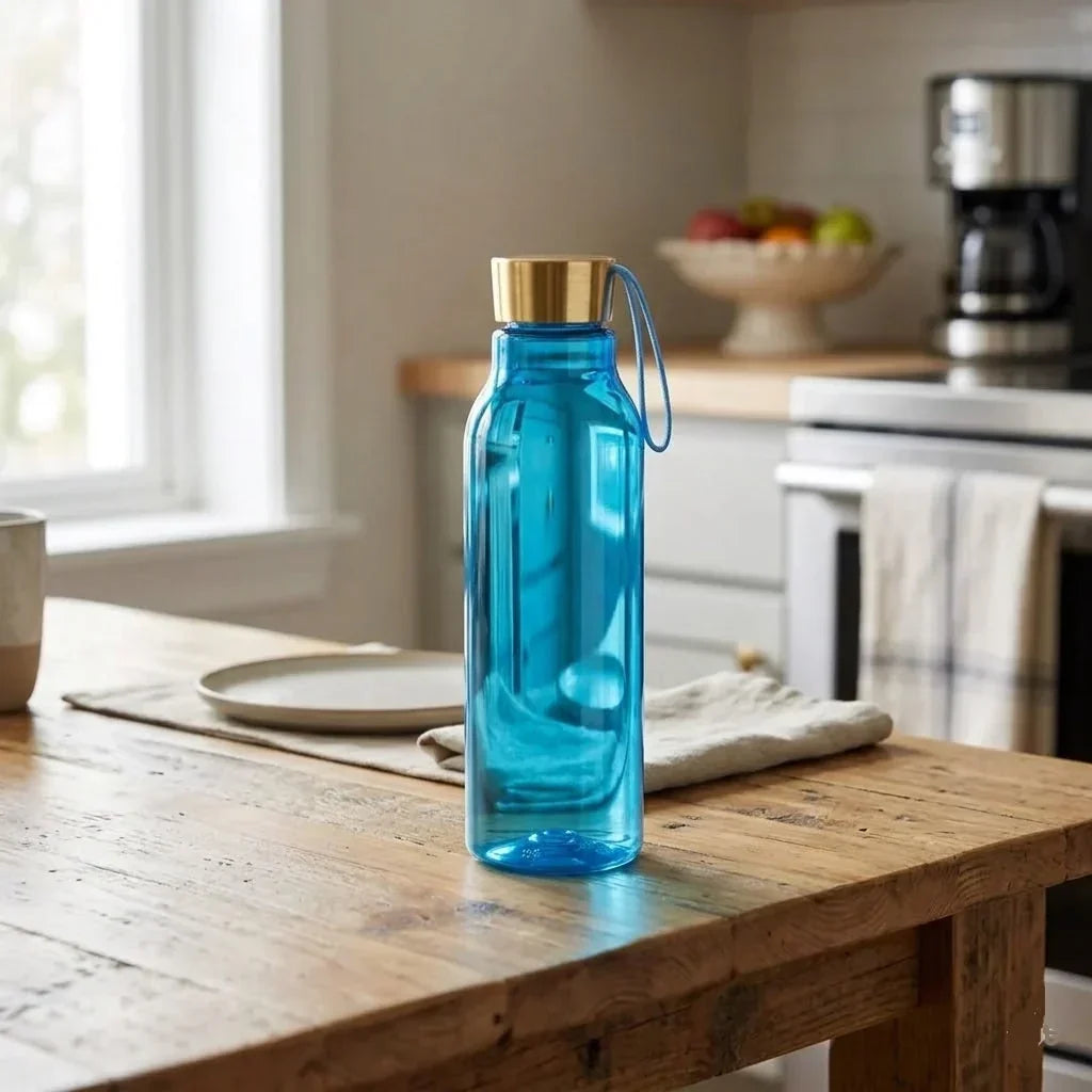 Golden Cap Plastic Water Bottle With Strap ___ 600ml (Random Color)