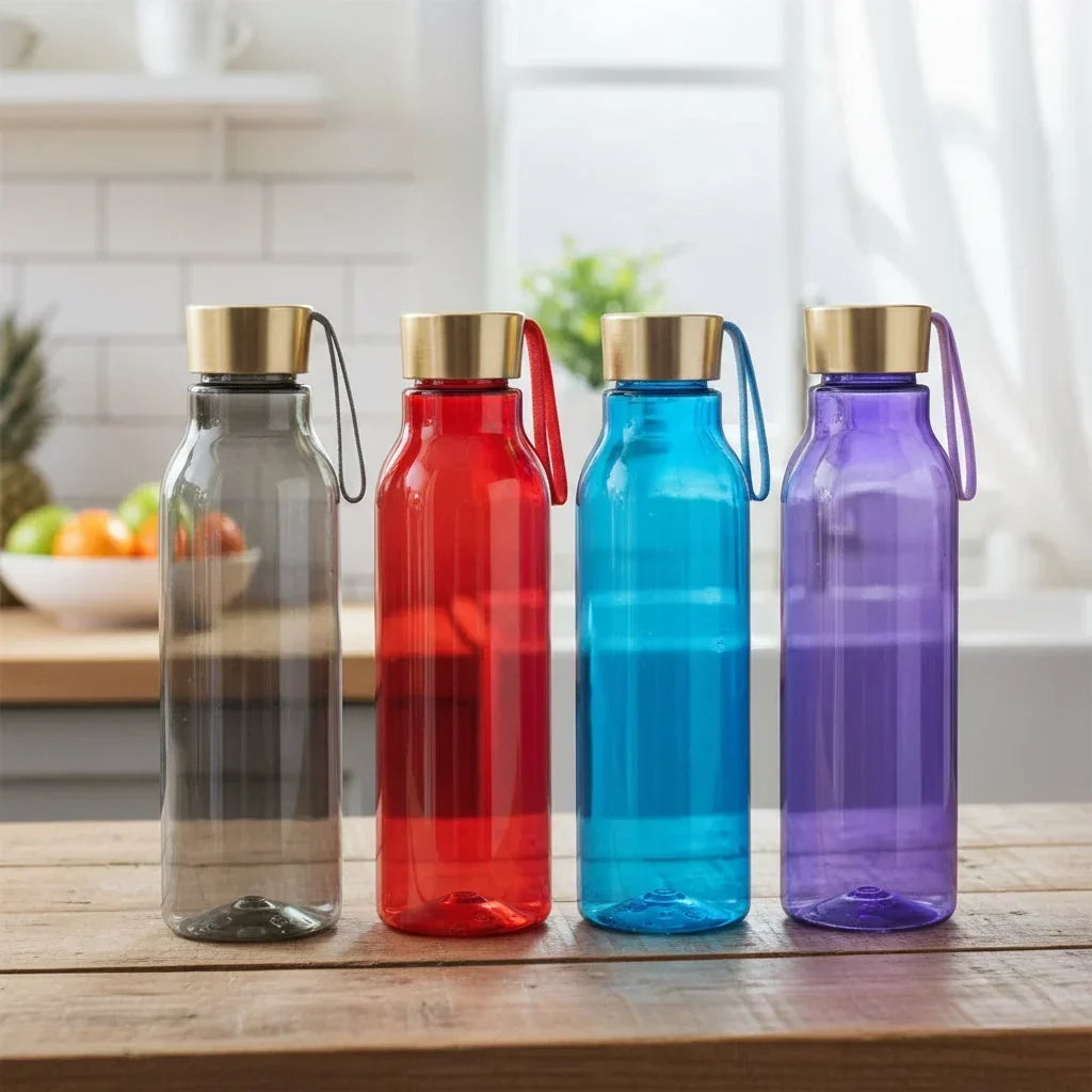 Golden Cap Plastic Water Bottle With Strap ___ 600ml (Random Color)