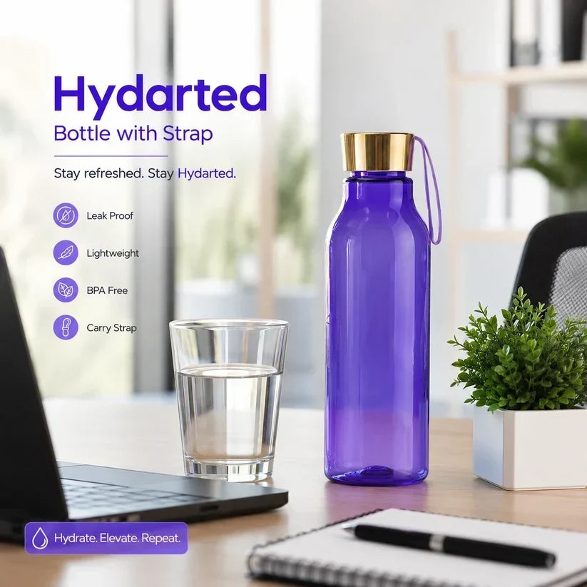 Golden Cap Plastic Water Bottle With Strap ___ 600ml (Random Color)