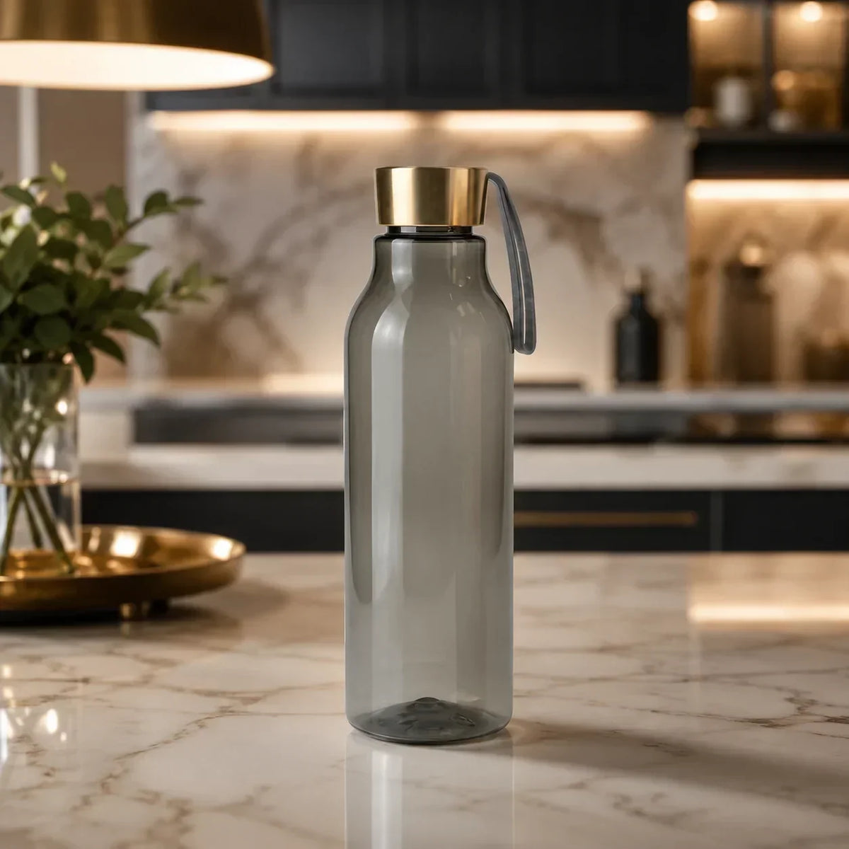 Golden Cap Plastic Water Bottle With Strap ___ 600ml (Random Color)