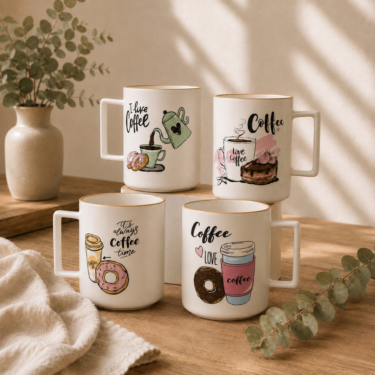 Long Coffee Doodle Mug | Printed Ceramic Coffee Cup for Tea, Coffee, Home & Office