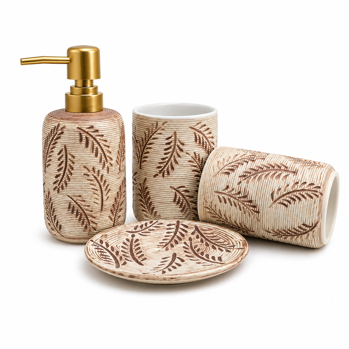 Luxury Leaf Pattern Ceramic Bathroom Accessories Set leaf pattern bathroom accessories set ceramic bathroom set Pakistan luxury bathroom accessories vanity organizer set ceramic bathroom décor bathroom countertop organizer leaf design bathroom set Home Hatch bathroom collection luxury vanity accessories decorative ceramic bathroom set 