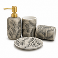 Luxury Leaf Pattern Ceramic Bathroom Accessories Set leaf pattern bathroom accessories set ceramic bathroom set Pakistan luxury bathroom accessories vanity organizer set ceramic bathroom décor bathroom countertop organizer leaf design bathroom set Home Hatch bathroom collection luxury vanity accessories decorative ceramic bathroom set 