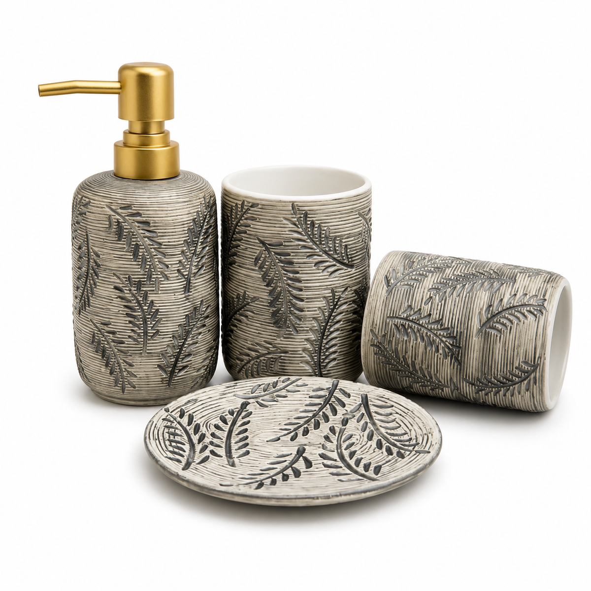 Luxury Leaf Pattern Ceramic Bathroom Accessories Set leaf pattern bathroom accessories set ceramic bathroom set Pakistan luxury bathroom accessories vanity organizer set ceramic bathroom décor bathroom countertop organizer leaf design bathroom set Home Hatch bathroom collection luxury vanity accessories decorative ceramic bathroom set 