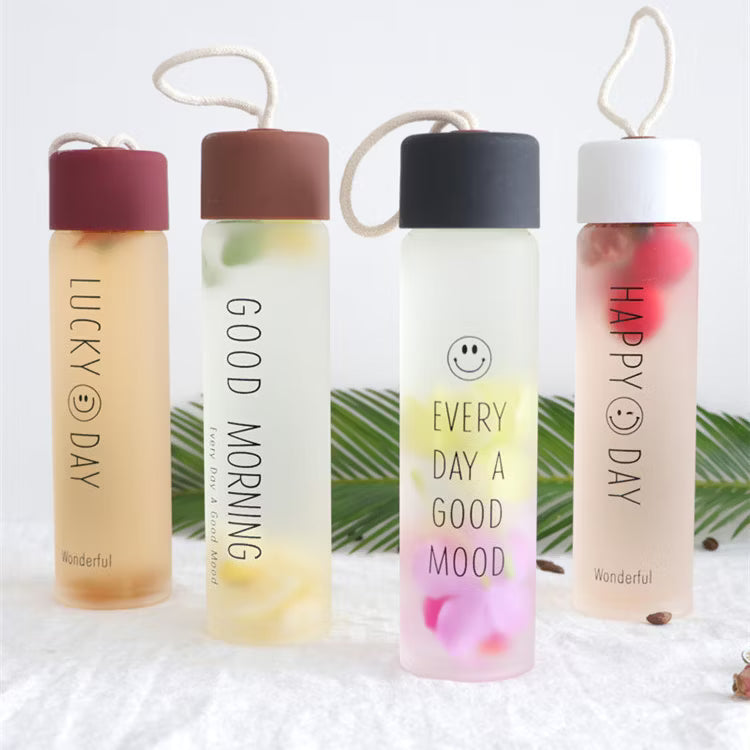 400ML Glass Drinking Bottle Leak Proof Lid & Easy Carry Strap