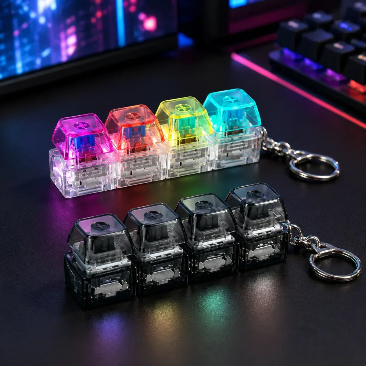1 Pcs 4-Key Mechanical Keyboard Fidget Keychain, Clicky Stress Relief Toy
