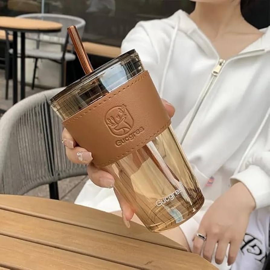 Aesthetic Slub Glass Sipper Cup With Straw 450ML