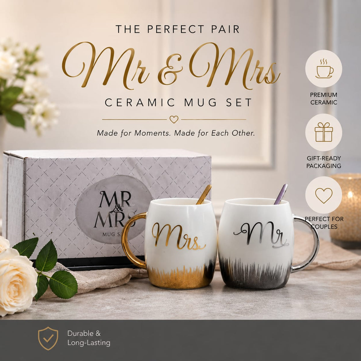 Mr and Mrs luxury ceramic mug gift set 2 piece couple coffee mugs Mr and Mrs mug set Pakistan couple coffee mugs ceramic mug gift set wedding gift mugs anniversary gift for couples luxury ceramic mugs couple tea mug set newlywed gift set Pakistan romantic coffee mug set Home Hatch mug collection