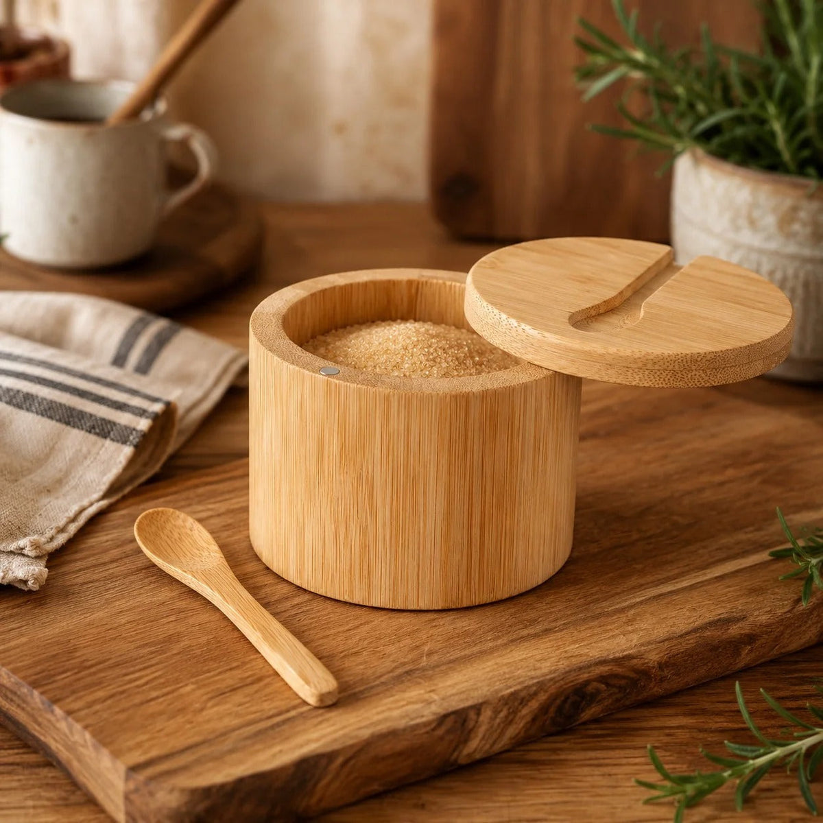 Natural Bamboo Sugar Pot with Spoon & Magnetic Swivel Lid | Sugar, Salt & Spice Storage Container
