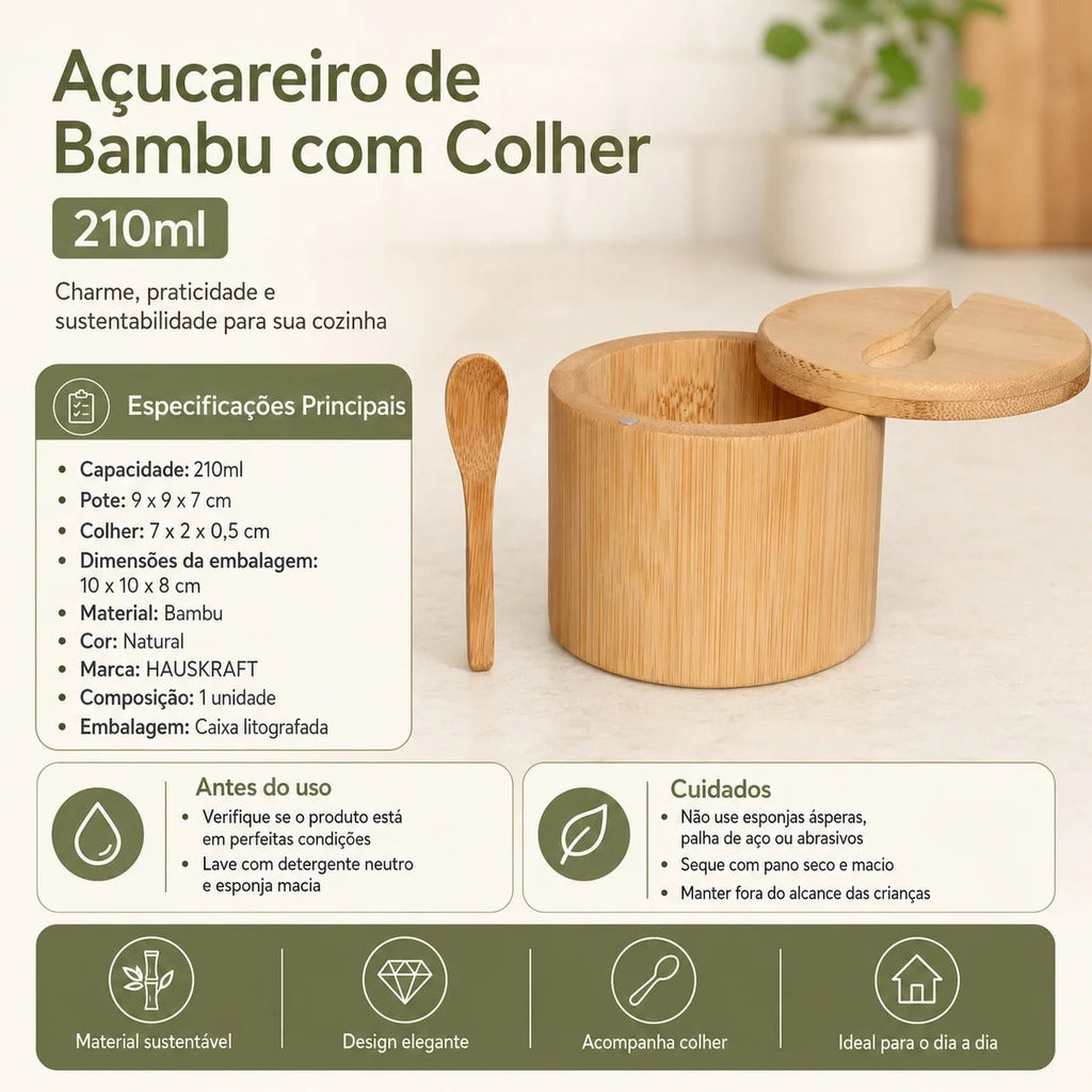Natural Bamboo Sugar Pot with Spoon & Magnetic Swivel Lid | Sugar, Salt & Spice Storage Container