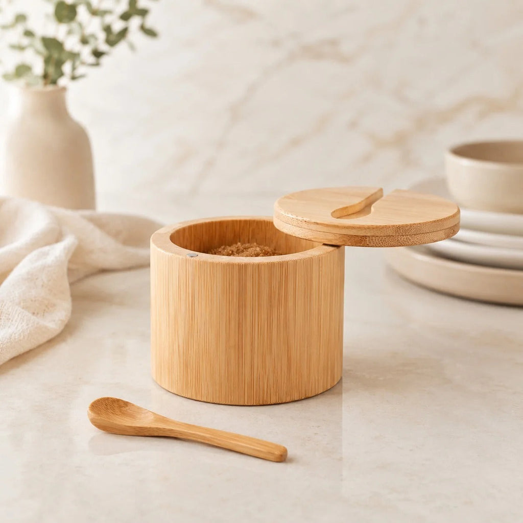 Natural Bamboo Sugar Pot with Spoon & Magnetic Swivel Lid | Sugar, Salt & Spice Storage Container