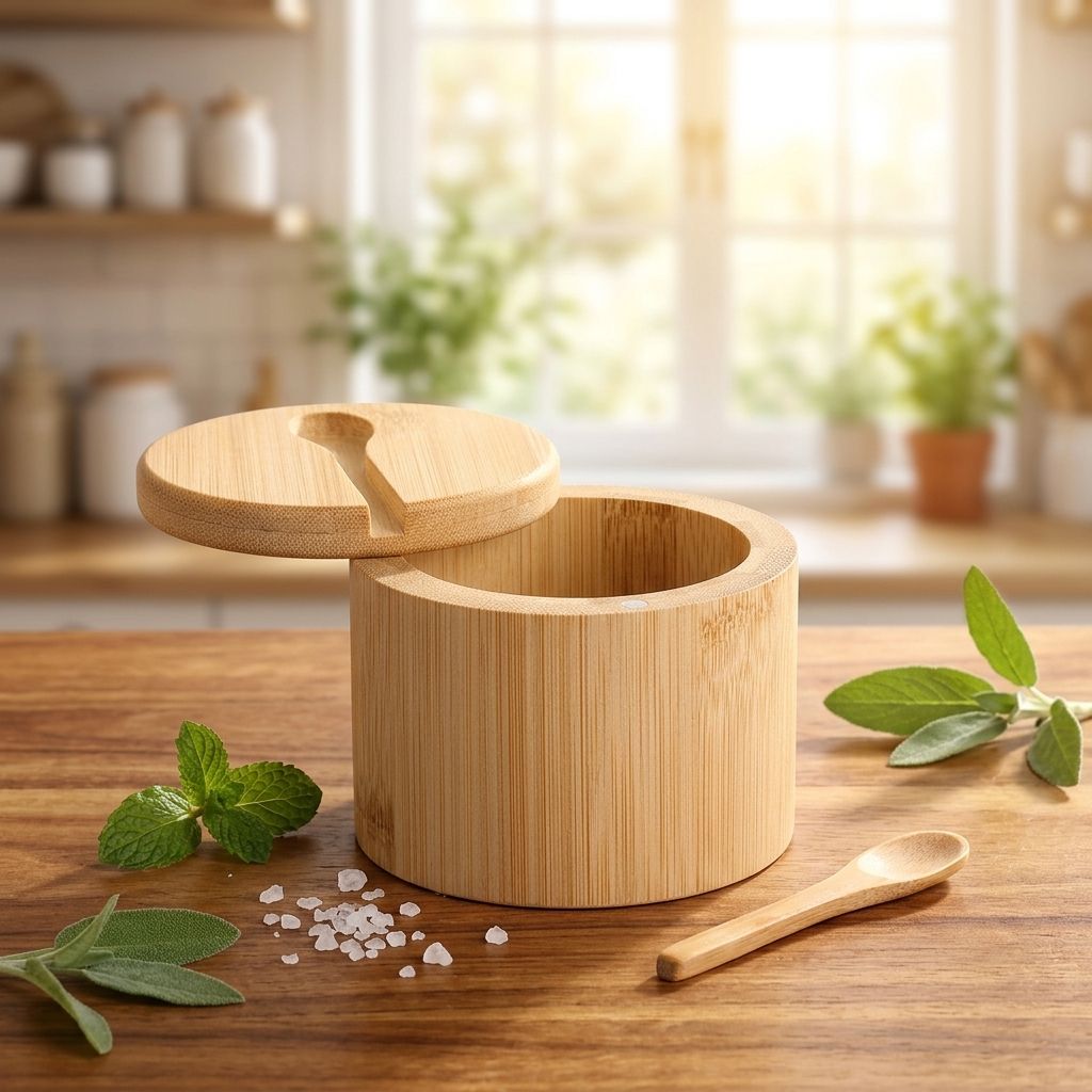 Natural Bamboo Sugar Pot with Spoon & Magnetic Swivel Lid | Sugar, Salt & Spice Storage Container