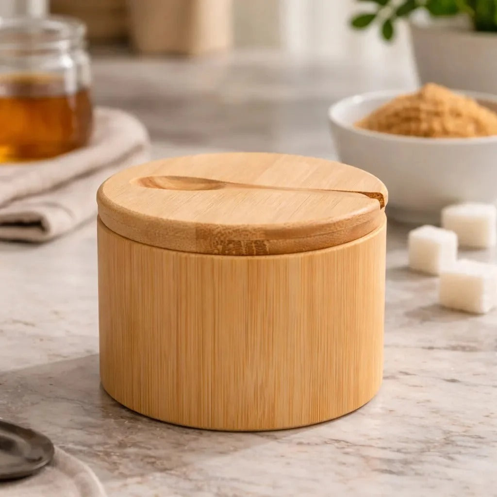 Natural Bamboo Sugar Pot with Spoon & Magnetic Swivel Lid | Sugar, Salt & Spice Storage Container