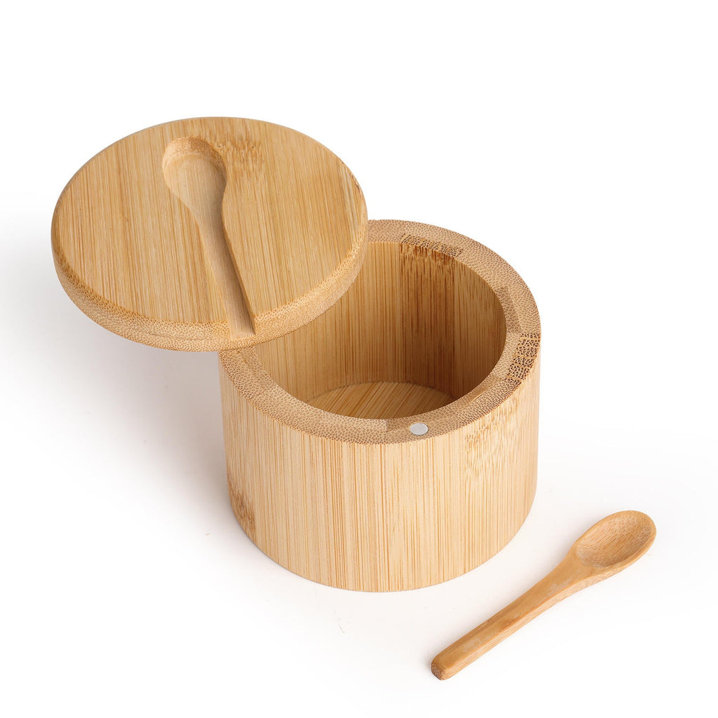 Natural Bamboo Sugar Pot with Spoon & Magnetic Swivel Lid | Sugar, Salt & Spice Storage Container