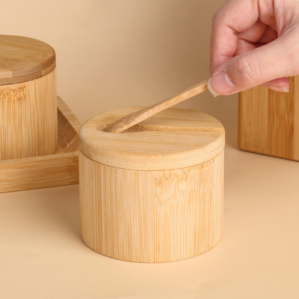 Natural Bamboo Sugar Pot with Spoon & Magnetic Swivel Lid | Sugar, Salt & Spice Storage Container