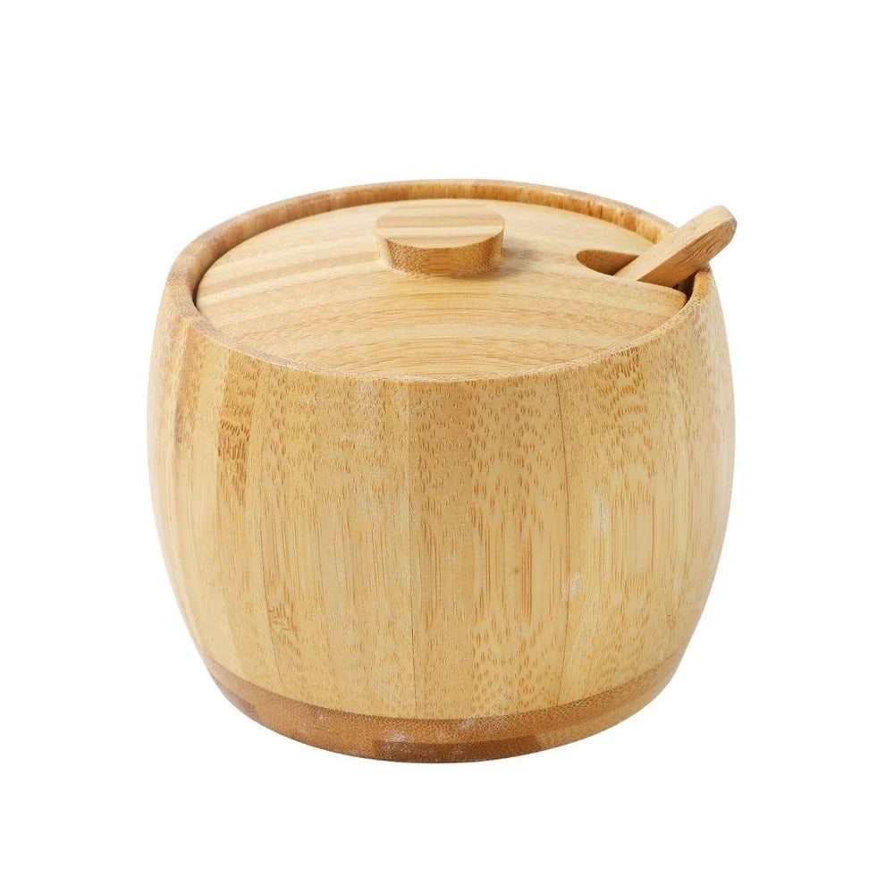 Natural bamboo sugar pot with matching lid and spoon for storing sugar, salt, spices and seasonings on kitchen counters and dining tables. bamboo sugar pot bamboo sugar bowl sugar bowl with lid and spoon wooden sugar bowl bamboo sugar container wooden spice container sugar storage container bamboo salt container bamboo kitchen storage bamboo sugar pot Pakistan