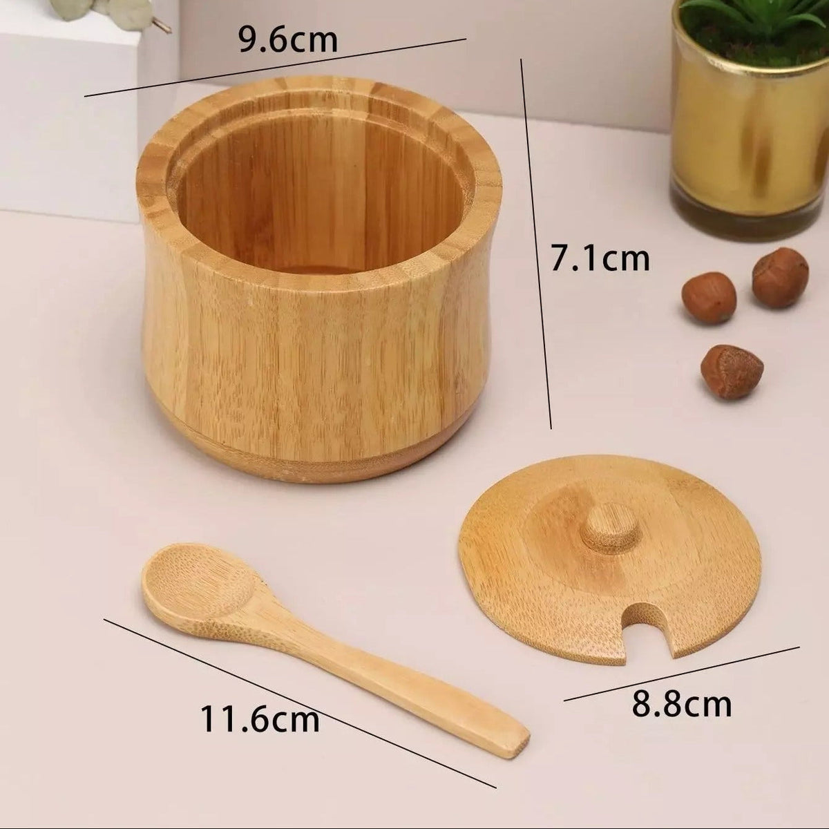 Natural Bamboo Sugar Pot with Lid & Spoon | Wooden Sugar Bowl for Sugar, Salt & Spice Storage