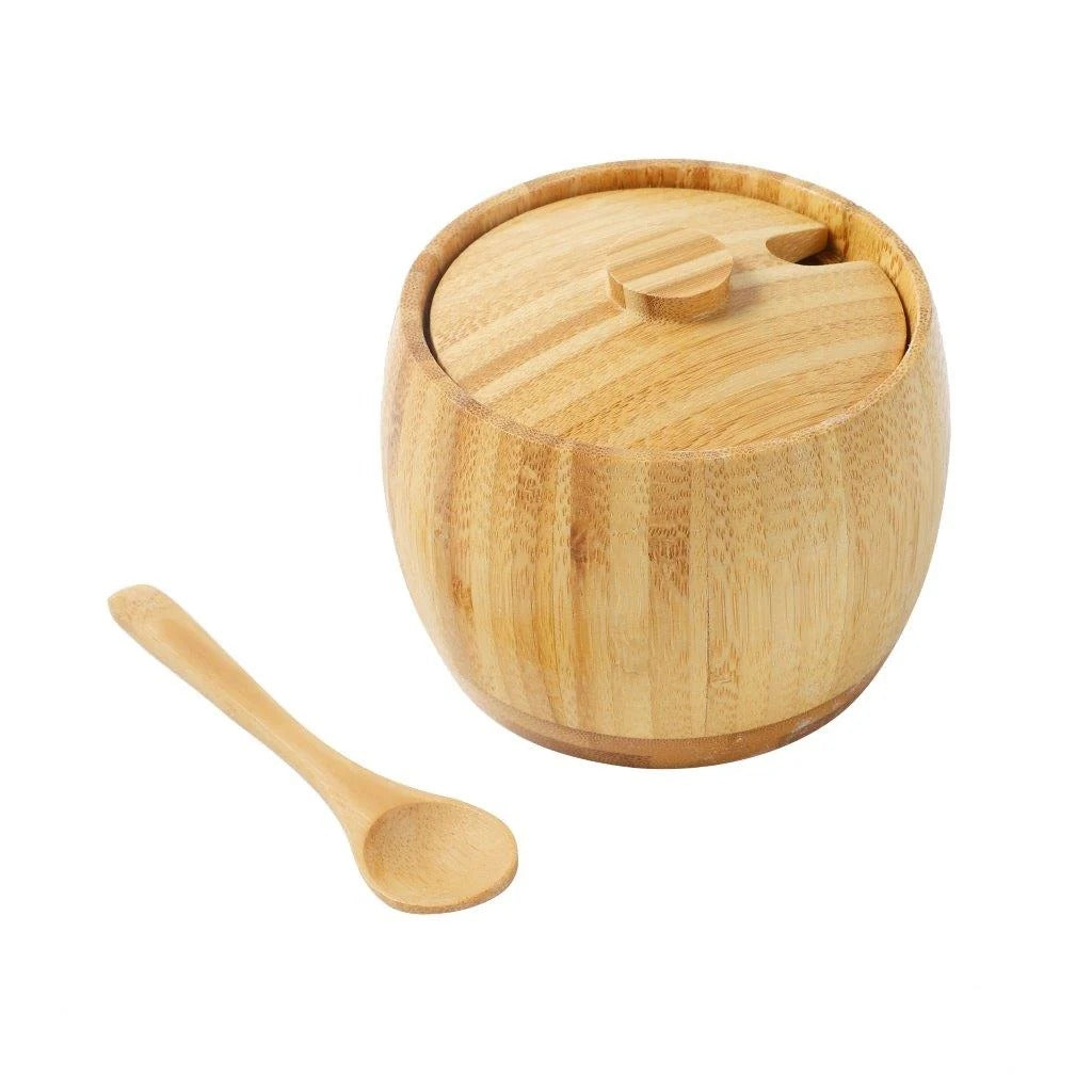 Natural Bamboo Sugar Pot with Lid & Spoon | Wooden Sugar Bowl for Sugar, Salt & Spice Storage