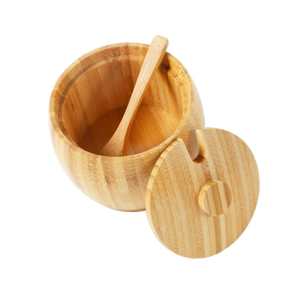 Natural Bamboo Sugar Pot with Lid & Spoon | Wooden Sugar Bowl for Sugar, Salt & Spice Storage
