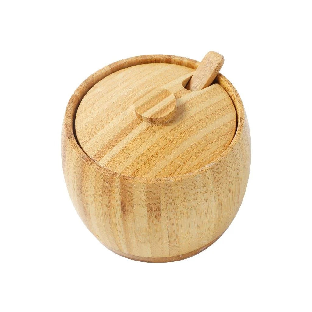 Natural Bamboo Sugar Pot with Lid & Spoon | Wooden Sugar Bowl for Sugar, Salt & Spice Storage
