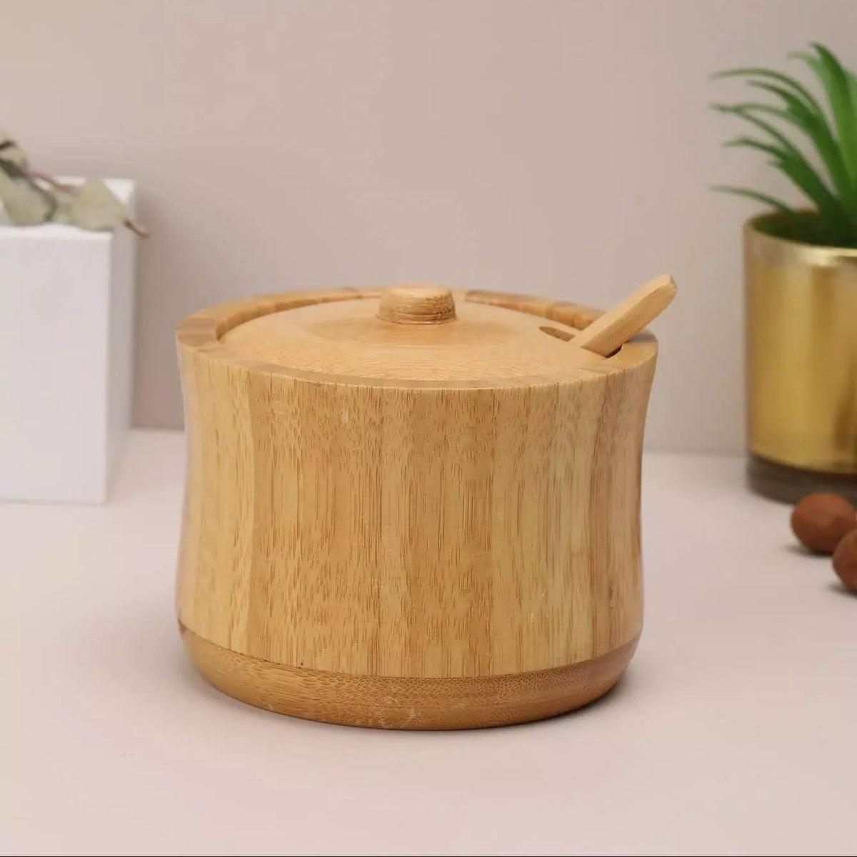 Natural Bamboo Sugar Pot with Lid & Spoon | Wooden Sugar Bowl for Sugar, Salt & Spice Storage