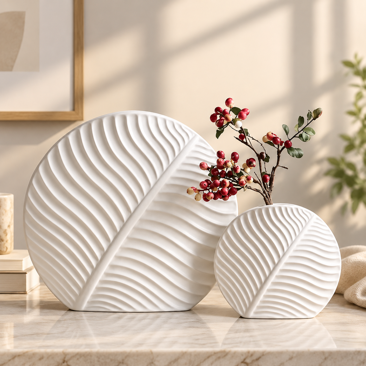 Set of 2 & 3 Nordic leaf-shaped ribbed ceramic decorative flower vases for modern living room, console table and home décor.  Nordic ceramic vases leaf shaped ceramic vase set of 3 ceramic vases modern decorative vases ribbed ceramic vase flower vase set living room decorative vase ceramic vase for home decor modern home decor vase decorative vases Pakistan 