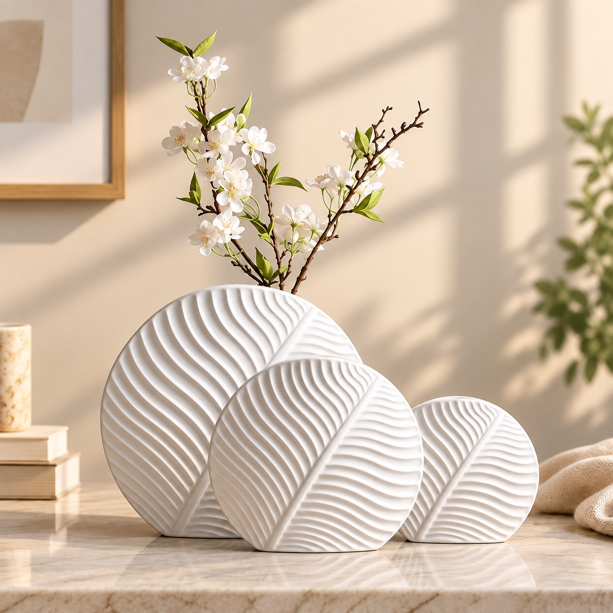 Set of 2 & 3 Nordic leaf-shaped ribbed ceramic decorative flower vases for modern living room, console table and home décor.  Nordic ceramic vases leaf shaped ceramic vase set of 3 ceramic vases modern decorative vases ribbed ceramic vase flower vase set living room decorative vase ceramic vase for home decor modern home decor vase decorative vases Pakistan 