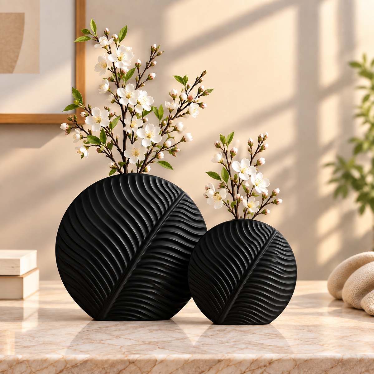 Set of 2 & 3 Nordic leaf-shaped ribbed ceramic decorative flower vases for modern living room, console table and home décor.  Nordic ceramic vases leaf shaped ceramic vase set of 3 ceramic vases modern decorative vases ribbed ceramic vase flower vase set living room decorative vase ceramic vase for home decor modern home decor vase decorative vases Pakistan 