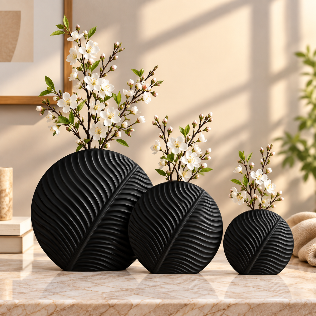 Set of 2 & 3 Nordic leaf-shaped ribbed ceramic decorative flower vases for modern living room, console table and home décor.  Nordic ceramic vases leaf shaped ceramic vase set of 3 ceramic vases modern decorative vases ribbed ceramic vase flower vase set living room decorative vase ceramic vase for home decor modern home decor vase decorative vases Pakistan 