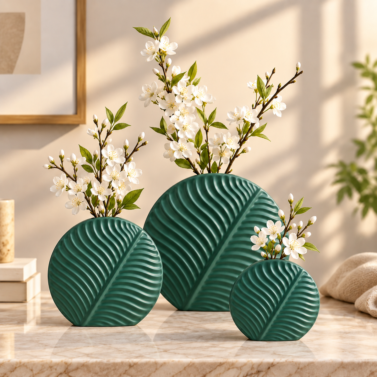 Set of 2 & 3 Nordic leaf-shaped ribbed ceramic decorative flower vases for modern living room, console table and home décor.  Nordic ceramic vases leaf shaped ceramic vase set of 3 ceramic vases modern decorative vases ribbed ceramic vase flower vase set living room decorative vase ceramic vase for home decor modern home decor vase decorative vases Pakistan 