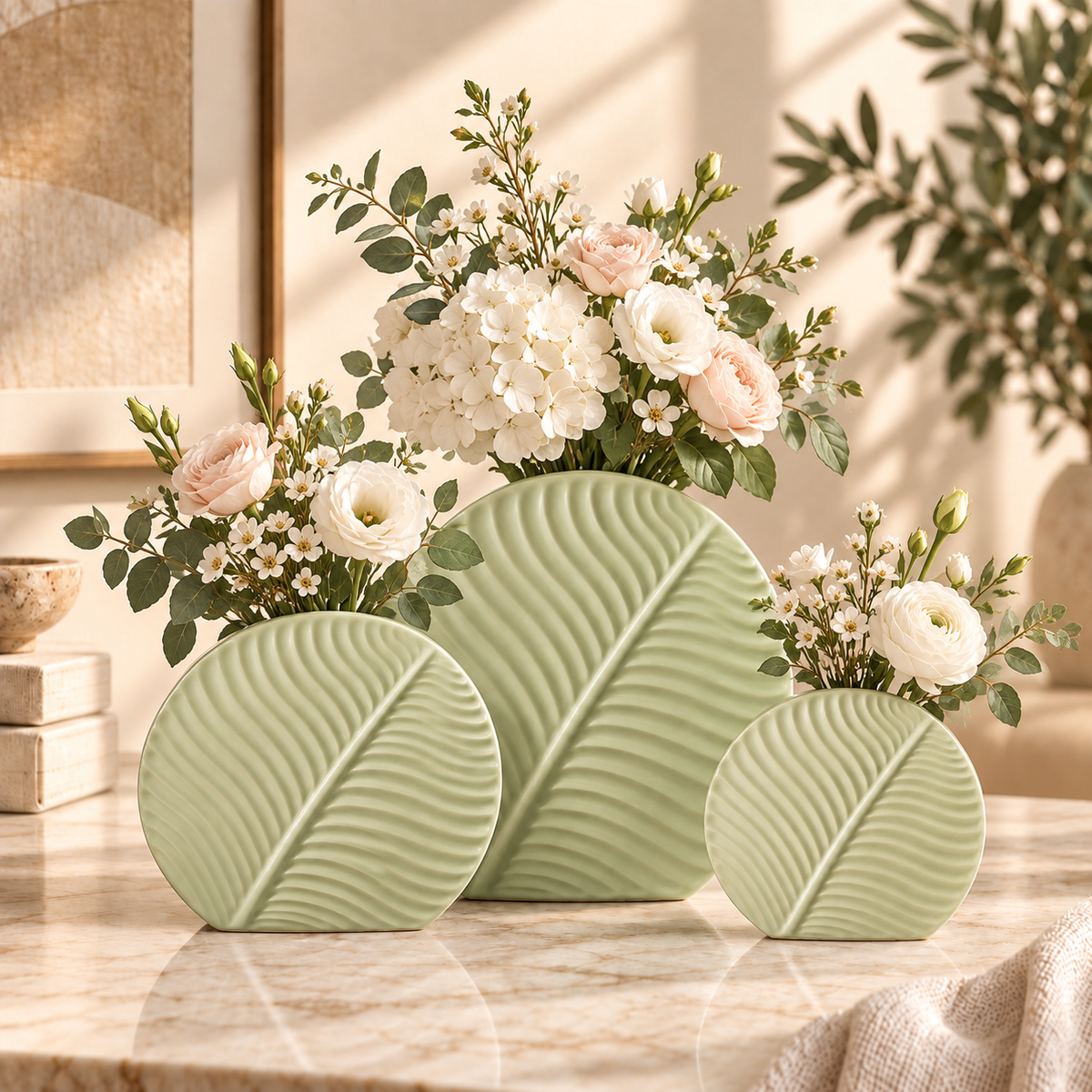 Set of 2 & 3 Nordic leaf-shaped ribbed ceramic decorative flower vases for modern living room, console table and home décor.  Nordic ceramic vases leaf shaped ceramic vase set of 3 ceramic vases modern decorative vases ribbed ceramic vase flower vase set living room decorative vase ceramic vase for home decor modern home decor vase decorative vases Pakistan 