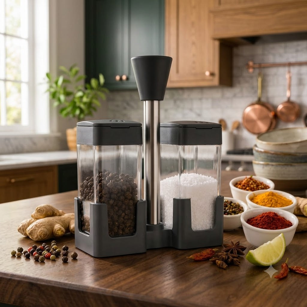 Plastic Salt & Pepper Shaker Set With Holder – Kitchen Spice Organizer
