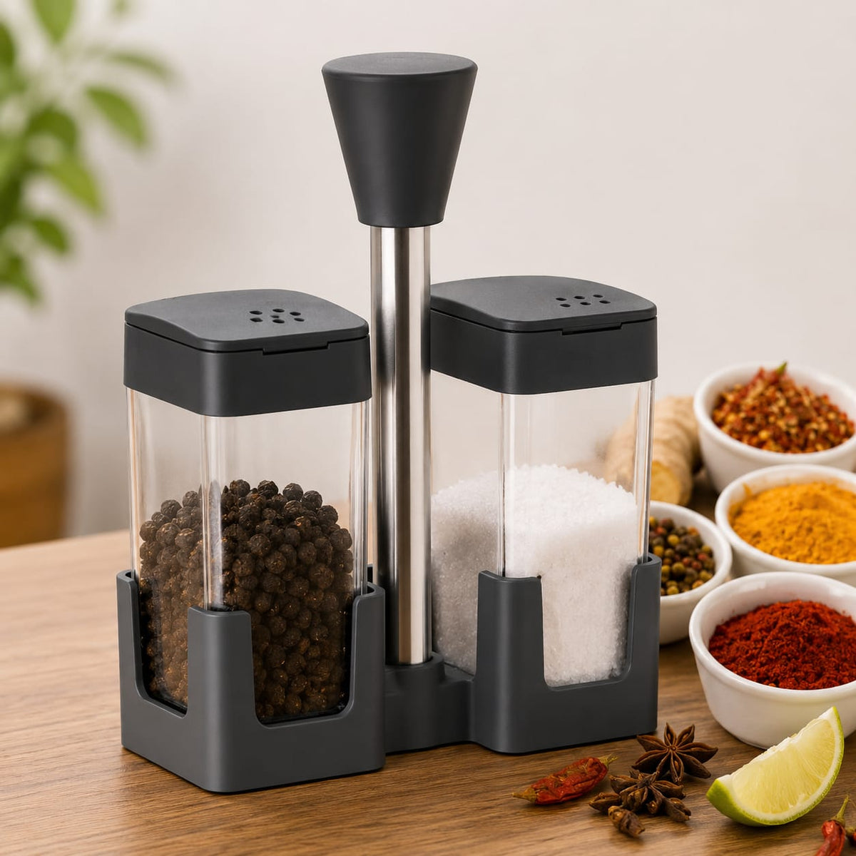 Plastic Salt & Pepper Shaker Set With Holder – Kitchen Spice Organizer