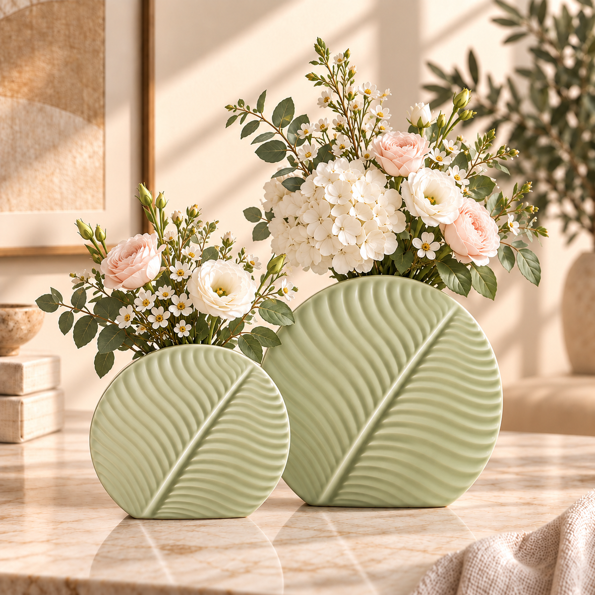 Set of 2 & 3 Nordic leaf-shaped ribbed ceramic decorative flower vases for modern living room, console table and home décor.  Nordic ceramic vases leaf shaped ceramic vase set of 3 ceramic vases modern decorative vases ribbed ceramic vase flower vase set living room decorative vase ceramic vase for home decor modern home decor vase decorative vases Pakistan 