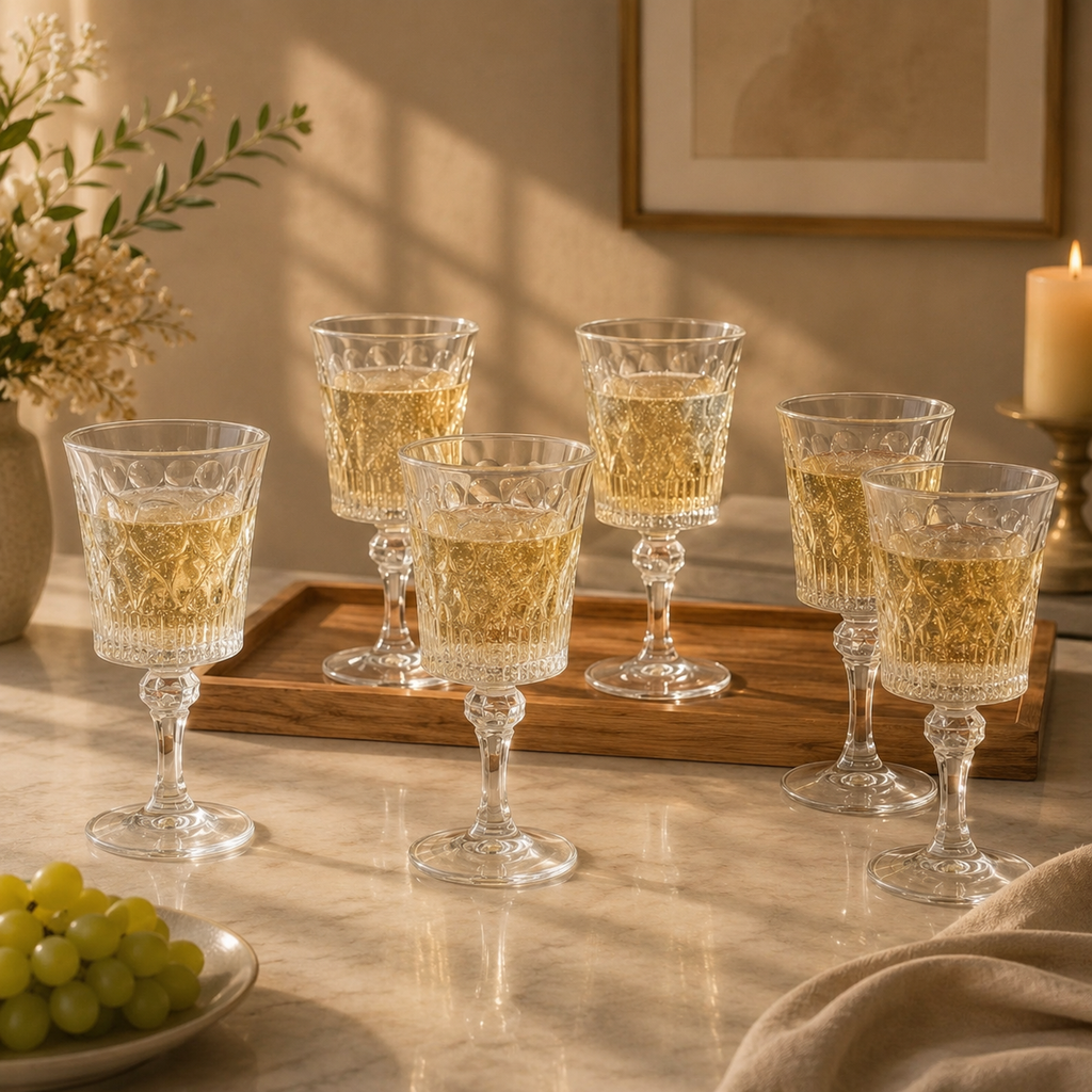 Set of 6 clear 280ml stemmed drinking glasses and premium goblets for serving water, juice, mocktails and cold beverages. stemmed drinking glasses 280ml drinking glasses glass goblet set of 6 premium glass goblets water goblet set juice drinking glasses mocktail glasses stemmed glass set clear drinking goblets drinking glasses set of 6