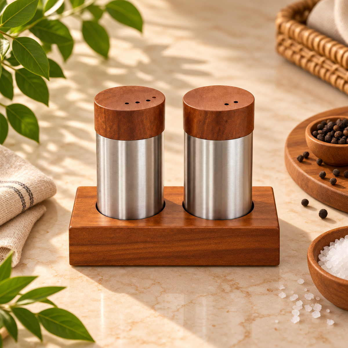 Stainless Steel Salt & Pepper Shaker Set of 2 with Wooden Stand for Dining Table