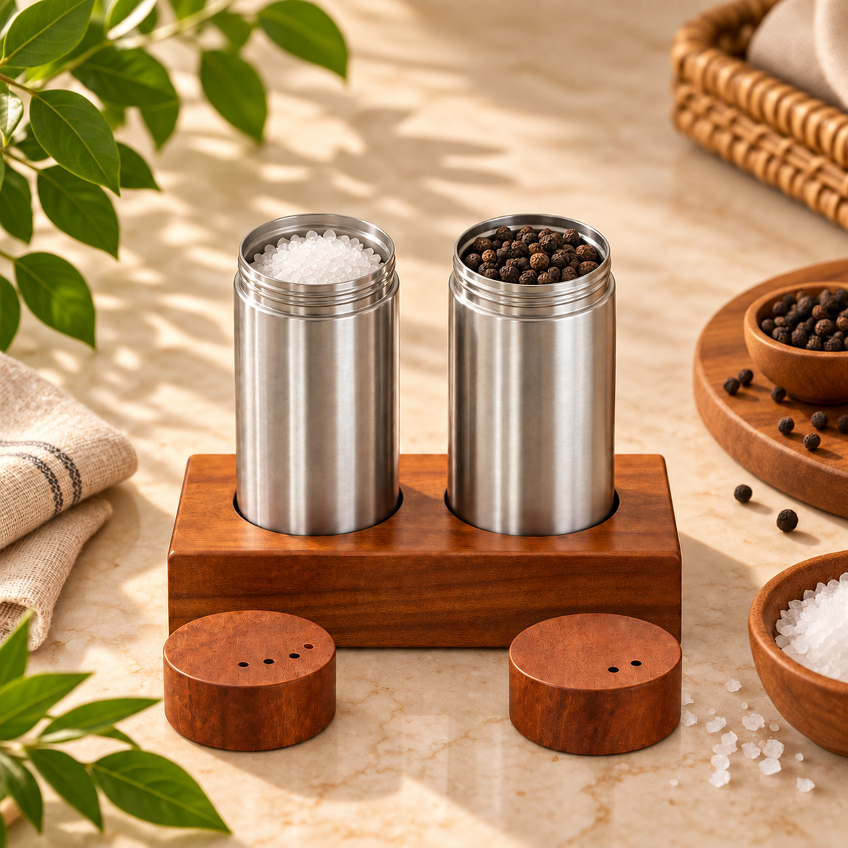 Stainless Steel Salt & Pepper Shaker Set of 2 with Wooden Stand for Dining Table