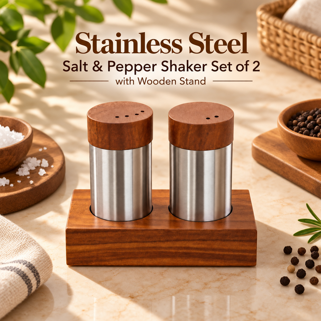 Stainless Steel Salt & Pepper Shaker Set of 2 with Wooden Stand for Dining Table