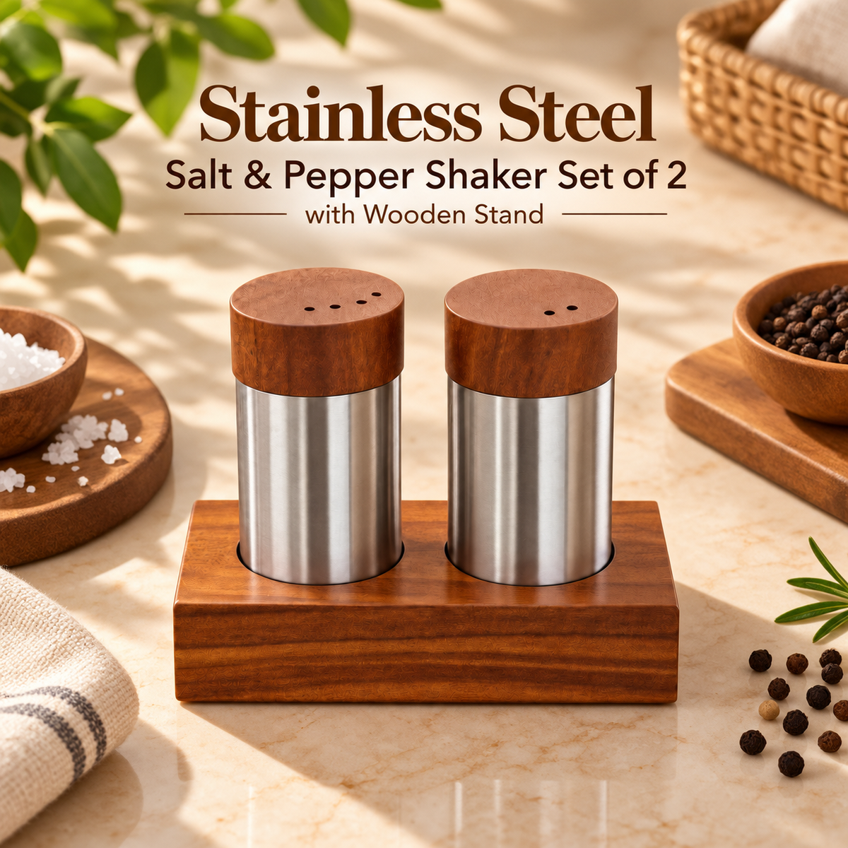 Stainless Steel Salt & Pepper Shaker Set of 2 with Wooden Stand for Dining Table