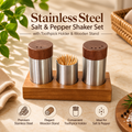 Stainless Steel Salt & Pepper Shaker Set with Toothpick Holder & Solid Wooden Stand