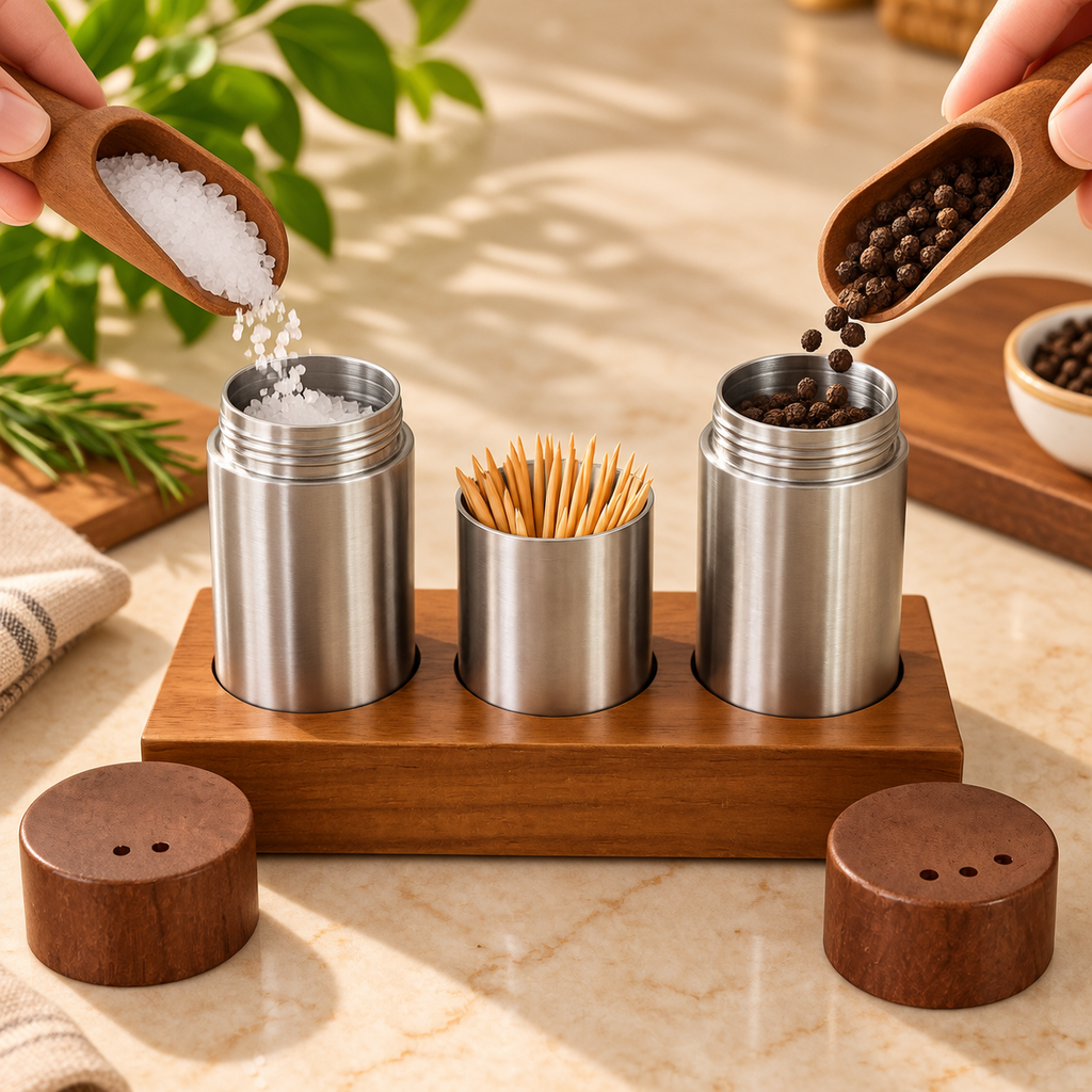 Stainless Steel Salt & Pepper Shaker Set with Toothpick Holder & Solid Wooden Stand