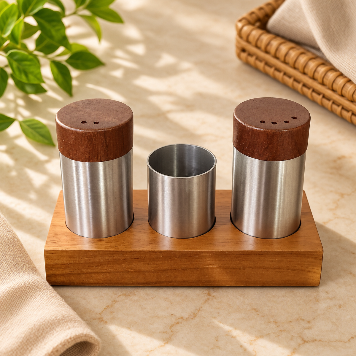 Stainless Steel Salt & Pepper Shaker Set with Toothpick Holder & Solid Wooden Stand