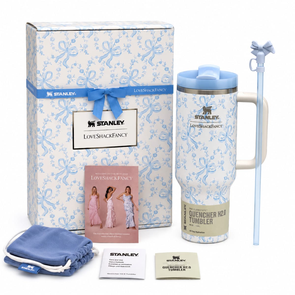 Stanley x LoveShackFancy Holiday Quencher® H2.0 FlowState™ Tumbler | 40 OZ – Coquette Bow Winter Ice