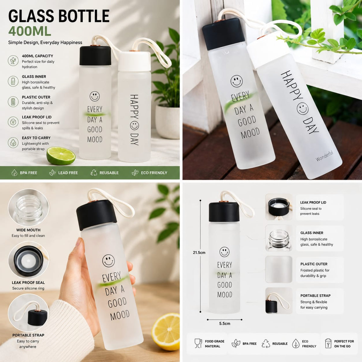 400ML Glass Drinking Bottle Leak Proof Lid & Easy Carry Strap