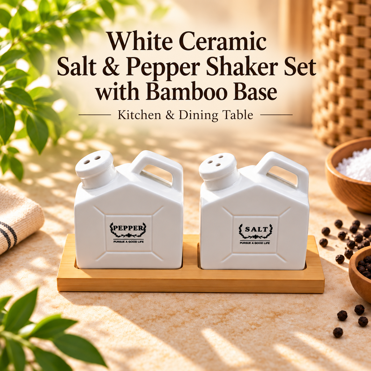 White Ceramic Salt & Pepper Shaker Set with Bamboo Base – Kitchen & Dining Table