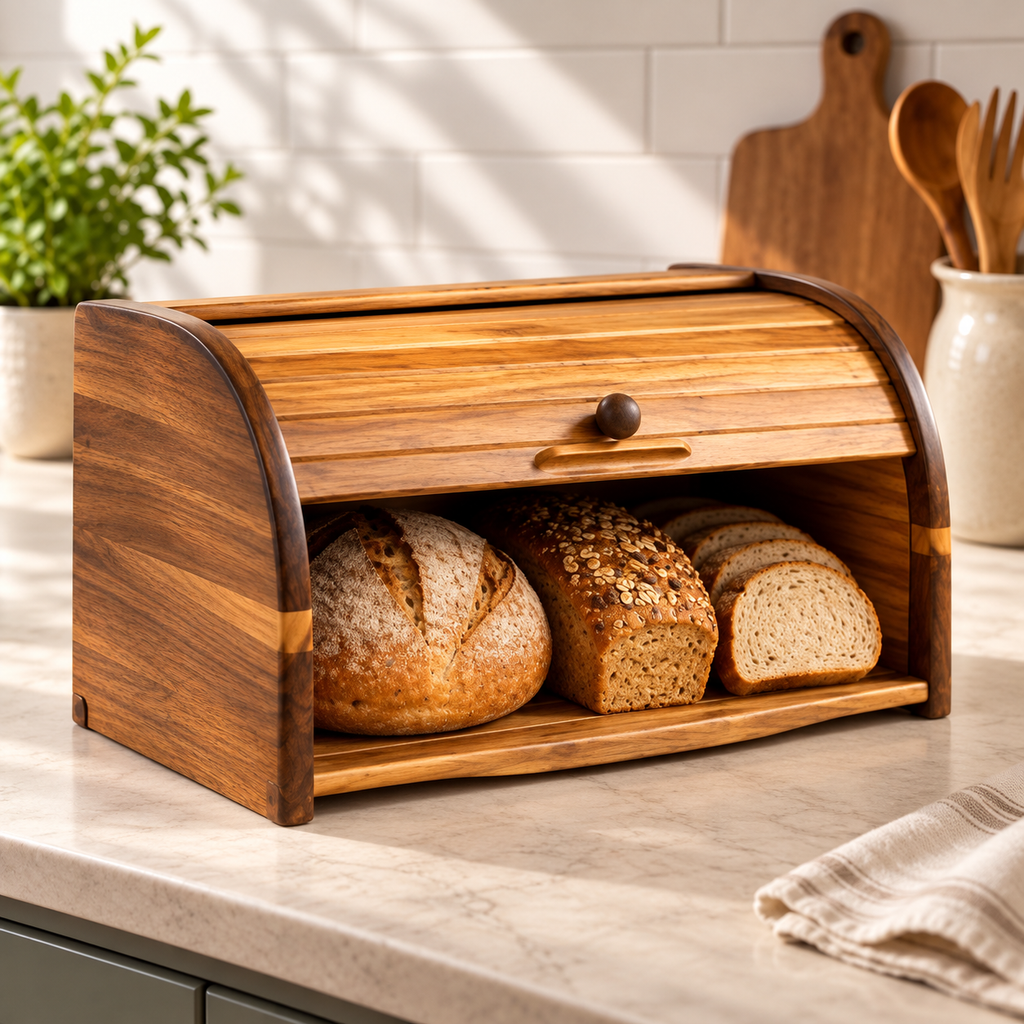 Wooden Roll-Top Bread Box with Sliding Lid – Kitchen Countertop Bread Storage Bin