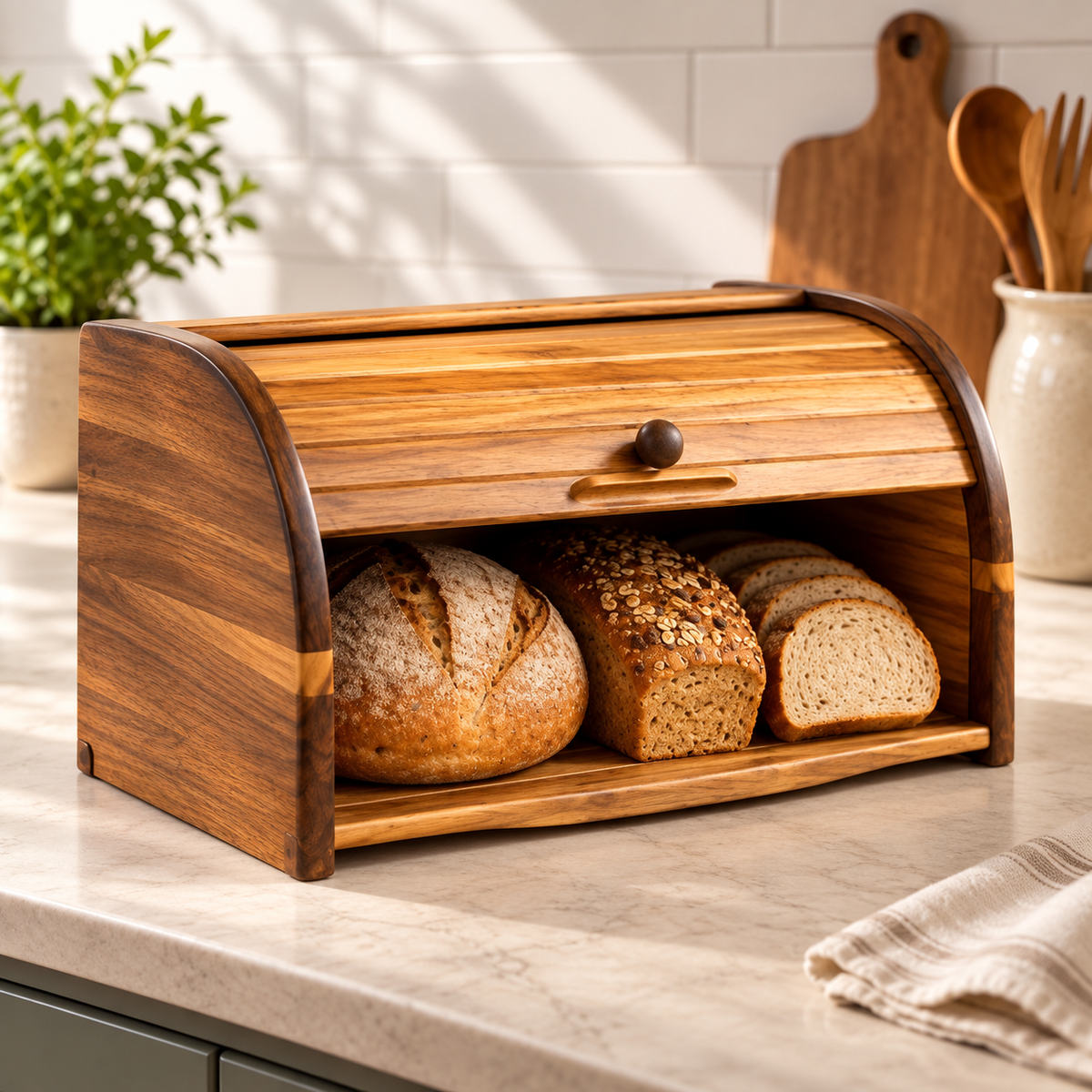 Wooden Roll-Top Bread Box with Sliding Lid – Kitchen Countertop Bread Storage Bin