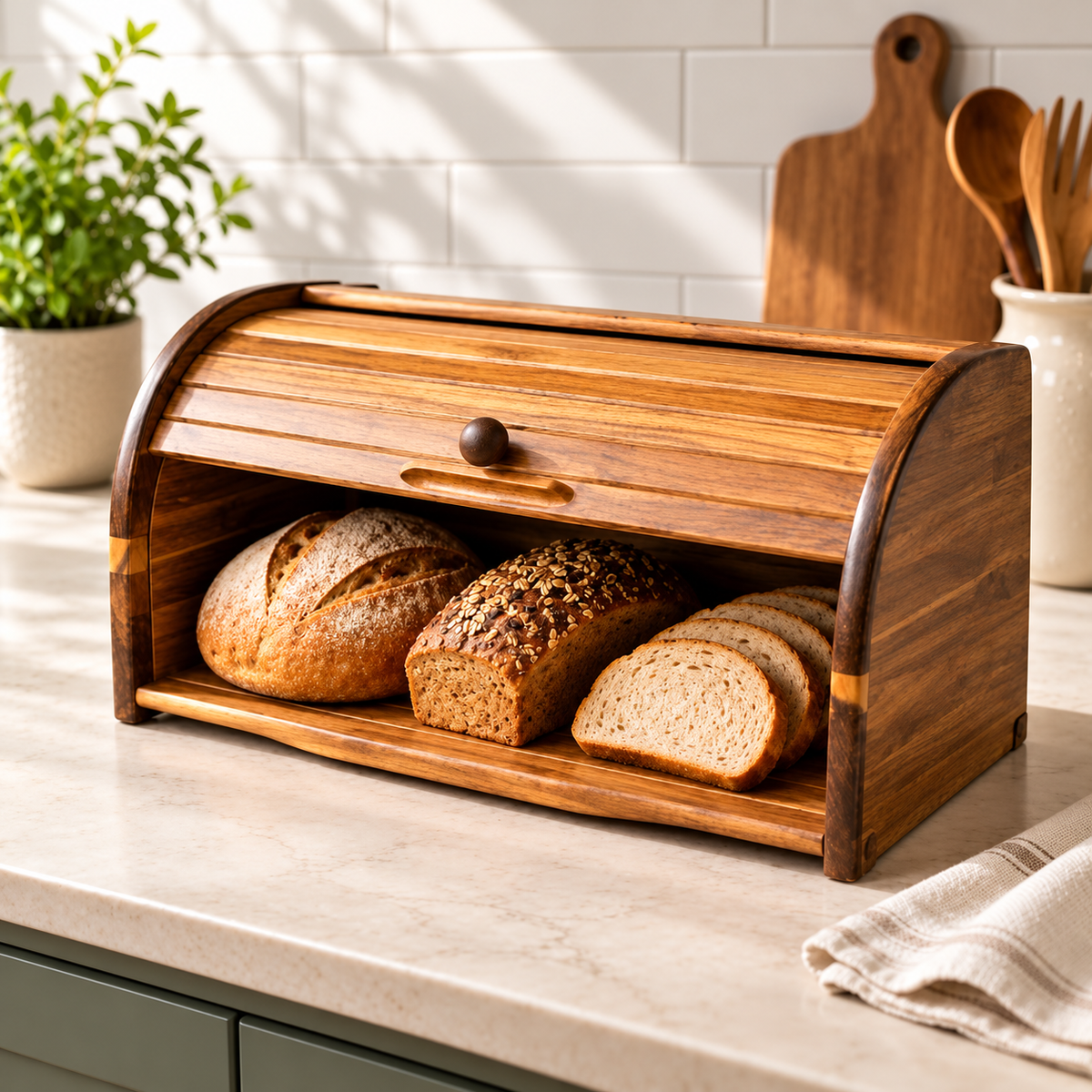 Wooden Roll-Top Bread Box with Sliding Lid – Kitchen Countertop Bread Storage Bin