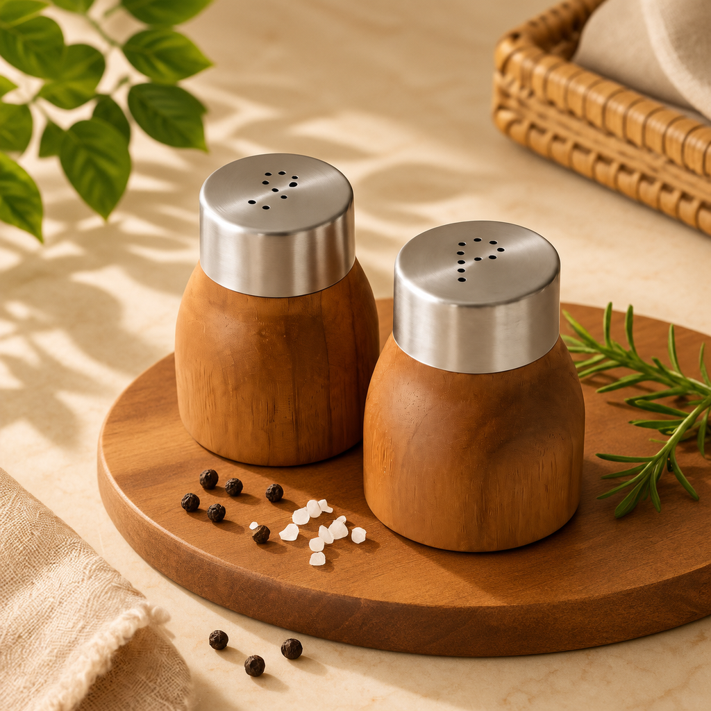 Wooden Salt & Pepper Shaker Set of 2 with Stainless Steel Lids – Kitchen & Dining Table